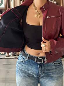 Muchica Plus Size Women Solid Color PU Leather Zipper Fashion Versatile Daily Casual Long Sleeve Jacket Winter - Red - View 6