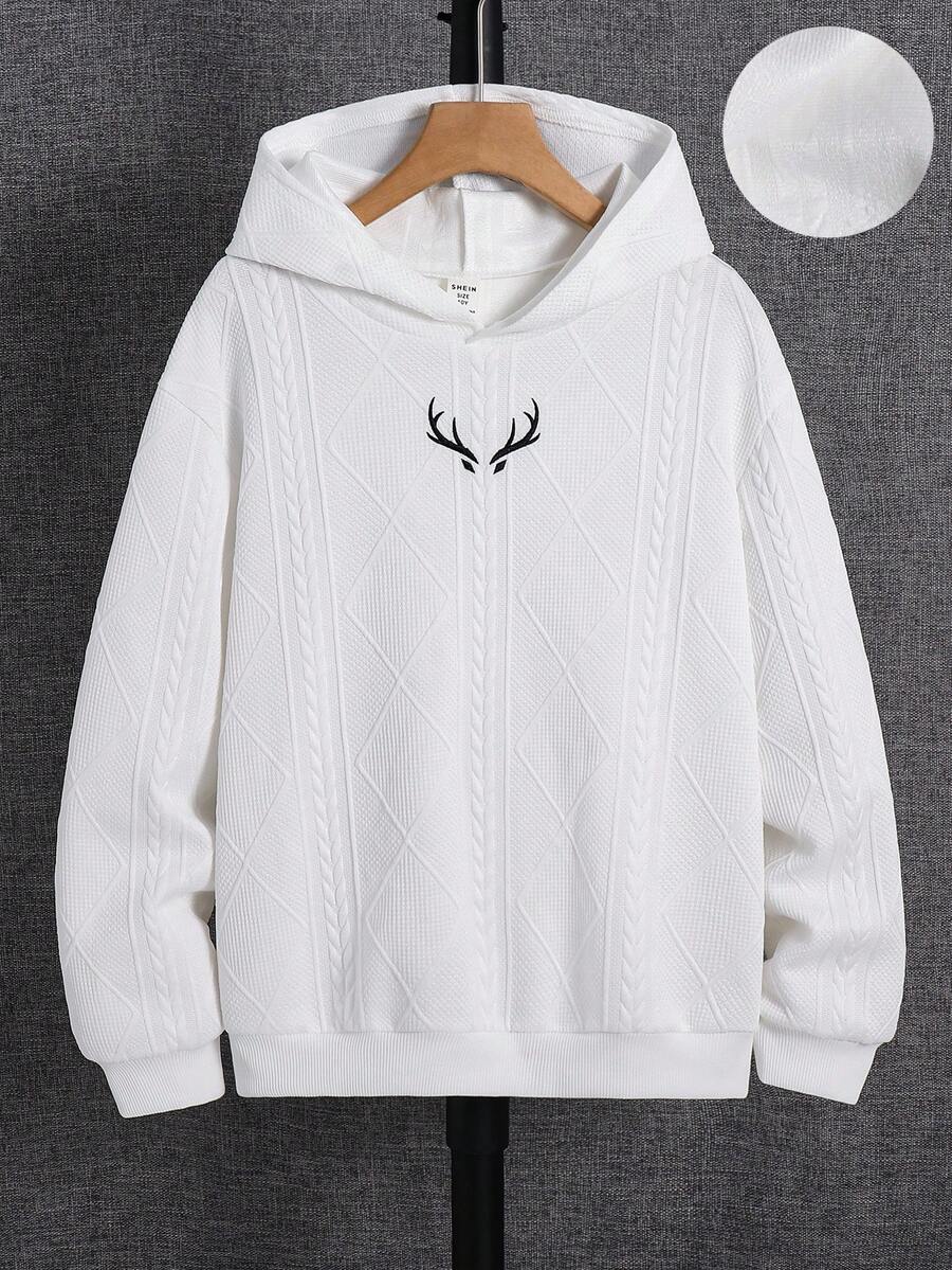 SHEIN 男童休閒舒適刺繡兒童紋理布料連帽套頭針織衛衣 秋冬款 - 白色 - 查看 1