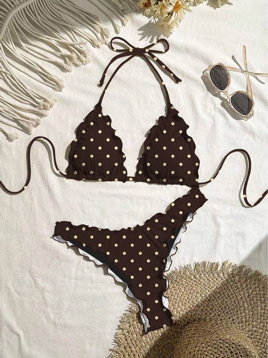 Swim Mod Conjunto de bikini sexy de unicolor con volantes de alta elasticidad para mujer para vacaciones - Café integral - Ver 1