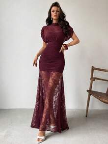 Firerie Women's Lace Patchwork Pleated Elegant Lace Sexy Waist-Cinched Party Dinner Club Night Dress Burgundy Summer - Burgundy - View 4