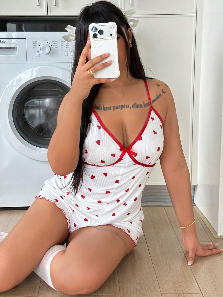 ZzzCrew Plus Size Heart Print Camisole Romper Sleepwear Night Bridal White Summer - White - View 1