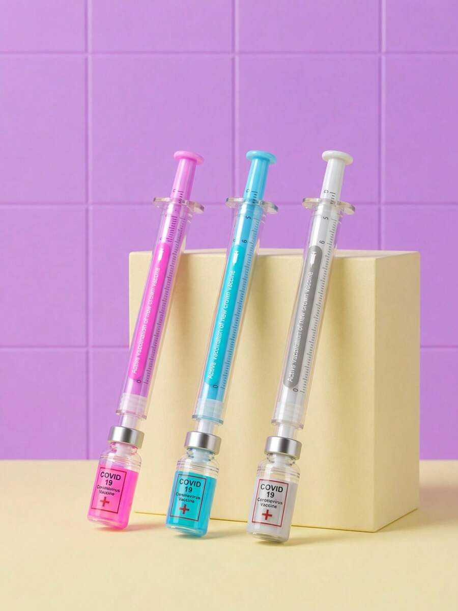 Zazumi 1pc/2pcs/3pcs Novelty Syringe Design Writing Pens, Clear Plastic With Colored Decor Parts, Vaccine Bottle Motif 0.5mm Fine Point Pen For Daily Planner Draft Work, Gift For Desk Organizers Festival Gift - multicolor - View 1