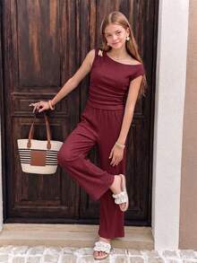 SHEIN Teen Girls' Tank Top Set T-Shirt With Asymmetric Neck Cut, Spaghetti Strap Support On One Side And Natural Shoulder Exposure On The... - Burgundy - View 5