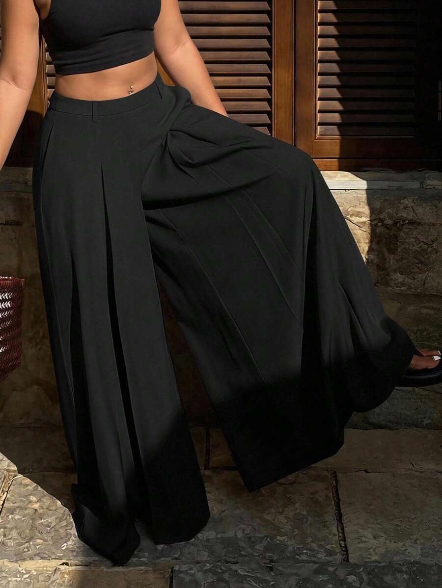 Dazy Plus Old Money Casual Solid Color Loose Pleated Wide Leg Skort Spring Autumn Long Pants - Black - View 1