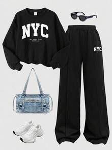SHEIN Girlism 青少年女孩秋冬休閒抓絨內裡加厚運動衫套裝，紐約市印花寬鬆圓領落肩長袖套頭衫搭配同款印花百褶寬腿直筒運動長褲，2件式運動風套裝，灰色 - 深灰色 - 查看 1