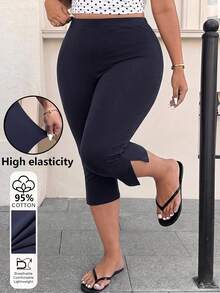 Muchica Plus Size Casual Versatile Solid Color Leggings - Navy Blue - View 1