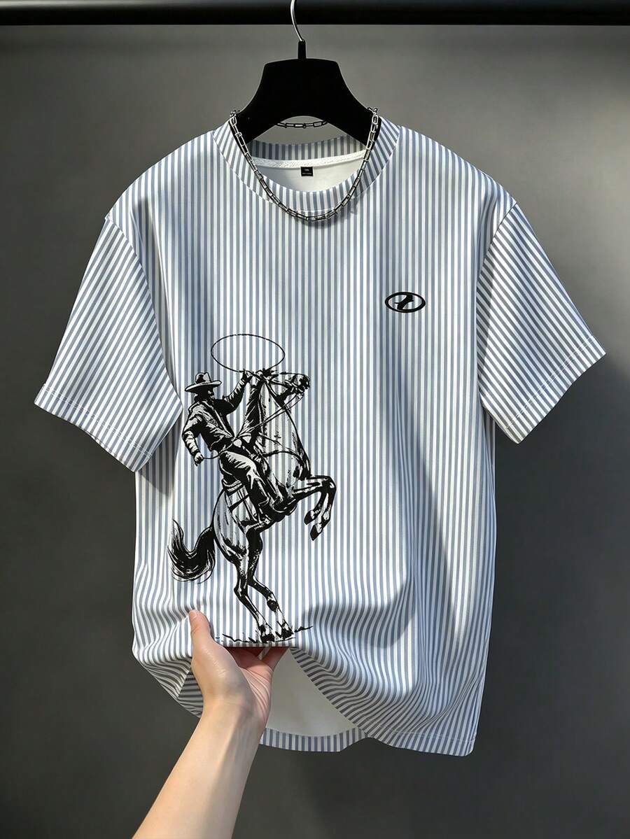 Manfinity Homme 男士休閒舒適上衣 大尺碼男士時尚T恤 男士優雅百搭上衣 - 藍白色 - 查看 1