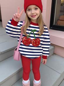 Kids Young Girl Casual Crew Neck Long Sleeve Sweatshirt & Leggings 2 Pieces Set, Suitable For Autumn/Winter - Multicolor - View 2