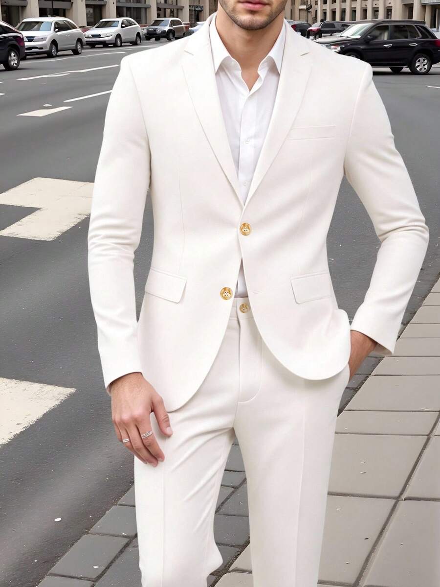Manfinity Mode 男士西裝外套與長褲套裝,修身剪裁,經典奢華風格 - 米色 - 查看 1