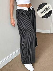 SHEIN Tall Women's Autumn Vintage Scandalous Streetwear Casual Hippie Street Oversized Black And White Pants Work Daily - Black - View 3