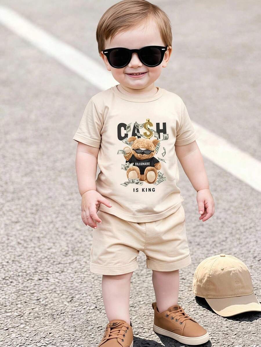 SHEIN Playful Pals 男婴两件套服装,可爱小熊印花短袖T恤搭配简约短裤,适合夏季外出穿着 - 杏色 - 查看 1