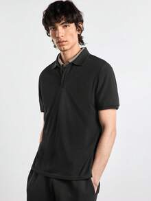 Merionis 男士素色單排扣休閒日常短袖 Polo 衫 - 黑色 - 查看 8