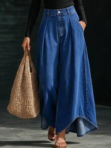 Everyssa Women's Pleated Wide Leg Loose Casual Denim Jeans With Pockets - Blue - View 1