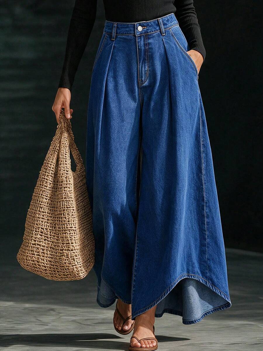 Everyssa Women's Pleated Wide Leg Loose Casual Denim Jeans With Pockets - Blue - View 1