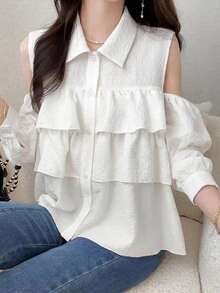 FRIFUL 女款夏季純色抓皺層次荷葉邊露肩短袖寬鬆休閒百搭上衣可愛上衣 - 白色 - 查看 4