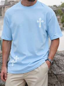 Manfinity Homme Men's Casual Cross Print Short Sleeve T-Shirt, Summer - Baby Blue - View 1