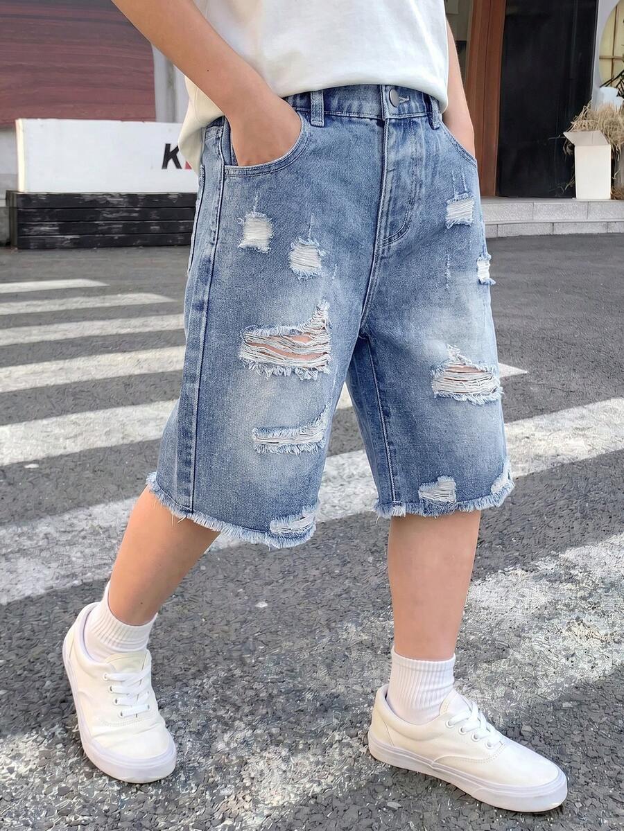 SHEIN Tween Boy Denim Shorts Summer New Casual Vintage Mid-Blue Distressed Ripped Hem Design Stylish Fit Multi-Style Matching, Multi-Scenario Wear Vacation School Casual Party Boys Summer Denim Wide Leg Shorts - Light Wash - View 1