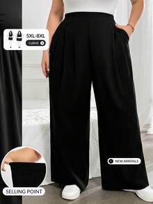 SHEIN CURVE+ 大尺碼女款純色春季寬腿鬆身長褲，彈性腰頭 - 黑色 - 查看 1