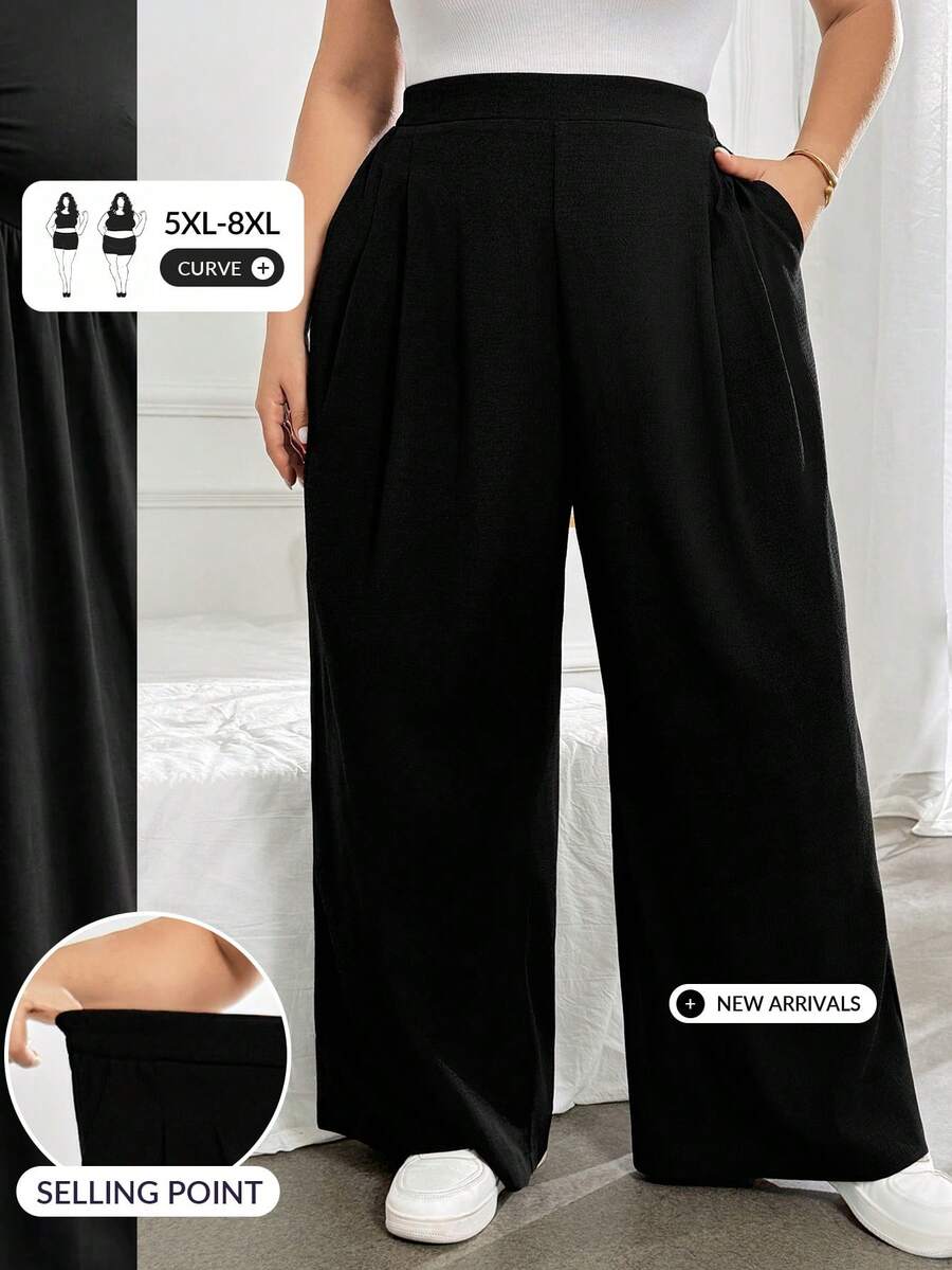 SHEIN CURVE+ 大尺碼女款純色春季寬腿鬆身長褲,彈性腰頭 - 黑色 - 查看 1