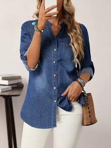 EMERY ROSE Women's Autumn V-Neck Single Breasted Cuffed Sleeve Denim Top - Blue - View 4