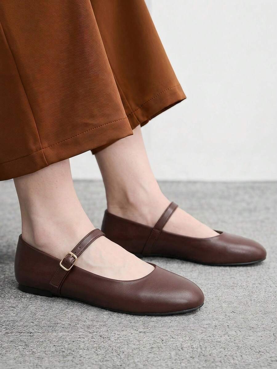 CUCCOO BIZCHIC 女款圓頭綁帶舒適透氣復古瑪麗珍平底鞋，日常通勤百搭舒適女鞋 - 棕色 - 查看 1