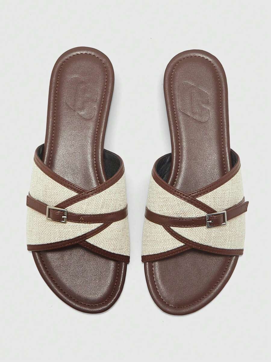 CUCCOO BIZCHIC French Retro Style Linen Splicing Flat Bottom Cool Slippers Metal Buckle Cross Belt Design Soft Bottom Non-Slip Lazy Drag - Brown - View 1