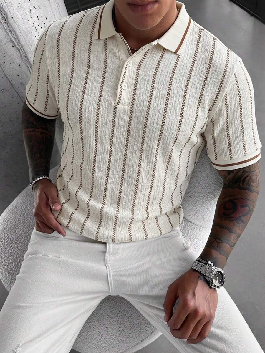 Manfinity CasualCool 男士拼色 Polo 衫，幾何提花休閒上衣 - 彩色 - 查看 1