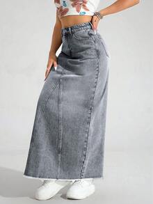 SHEIN ICON Plus Size Women Vintage Washed Denim Skirt, Autumn/Winter Date Night Dark Wash - Light Grey - View 6