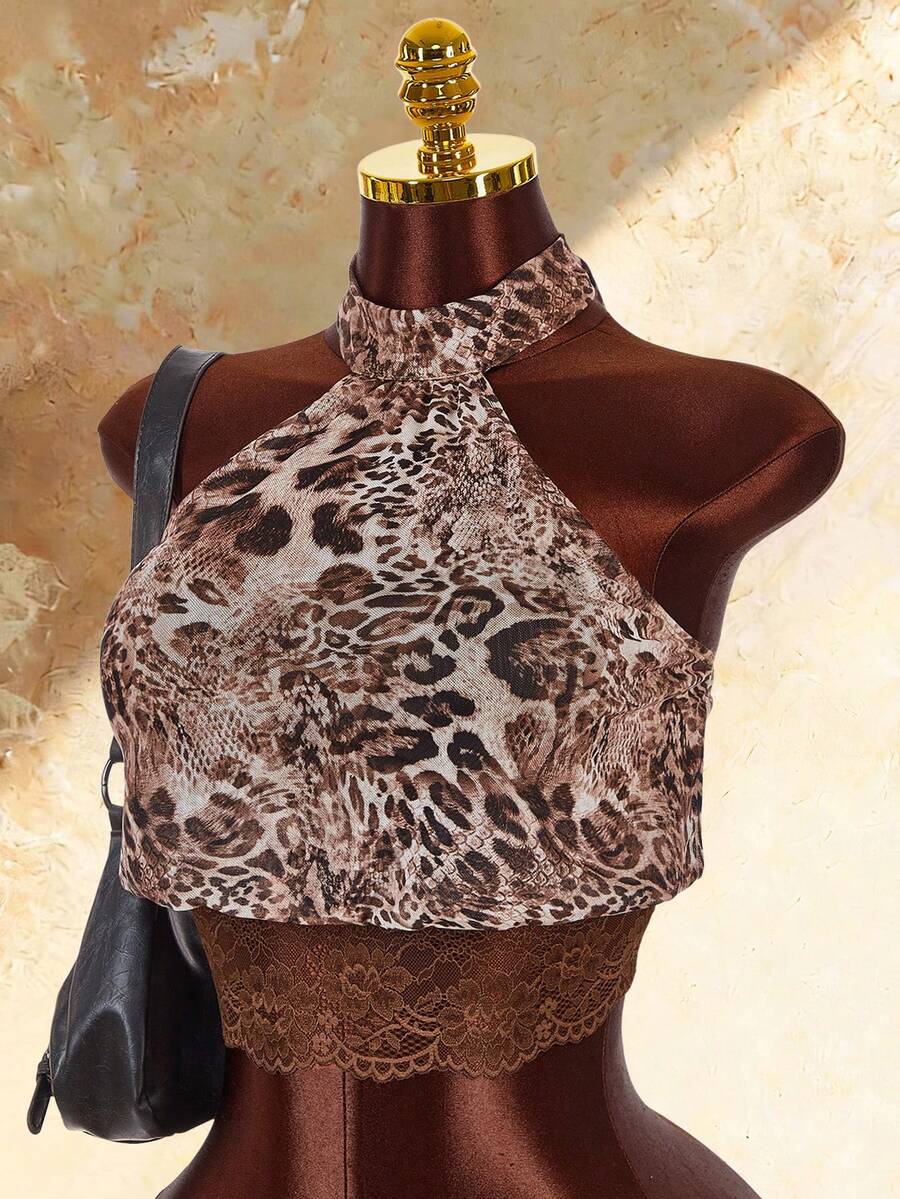 Amplova Leopard Print Backless Sleeveless Lace Trim Patchwork Women's Lantern Vintage Fitted Waist Tank Top - Coffee Brown - View 1
