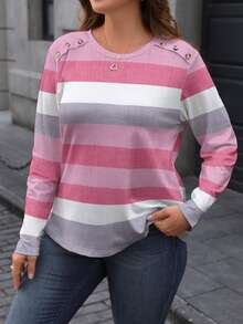 Plus Size Women's Striped Random Print Shoulder Button Round Neck Long Sleeve Pullover T-Shirt Tees Women Tops For Spring Fall - Multicolor - View 1