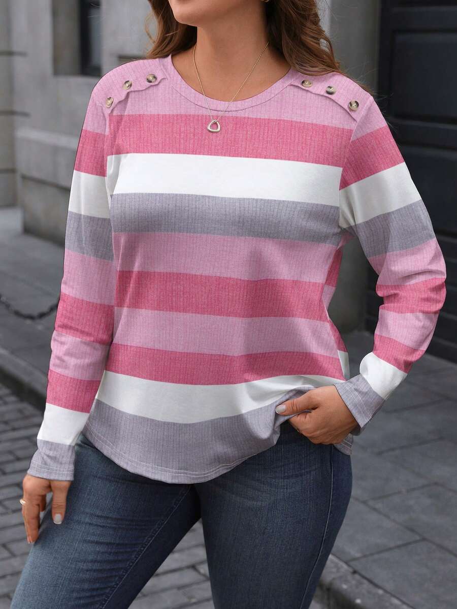 Plus Size Women's Striped Random Print Shoulder Button Round Neck Long Sleeve Pullover T-Shirt Tees Women Tops For Spring Fall - Multicolor - View 1