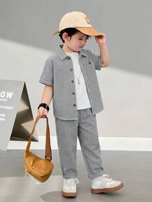 SHEIN 两件套男童纯色 Polo 领开衫短袖上衣和修身裤 - 彩色 - 查看 2
