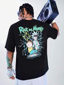Rick and Morty X SHEIN 男士科幻字母图案印花圆领短袖T恤，适合日常穿着，夏季 - 黑色 - 查看 1