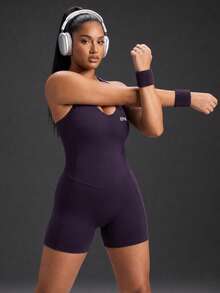 Powerista Women's Plus Size Solid Color Casual Daily Outdoor Sports Romper Gym Running Fitness Workout Going Out Autumn Jumpsuit Backless Purple Backless - Purple - View 3