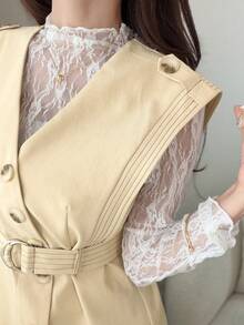 FRIFUL 女款純色單排扣優雅背心外套 - 卡其色 - 查看 1