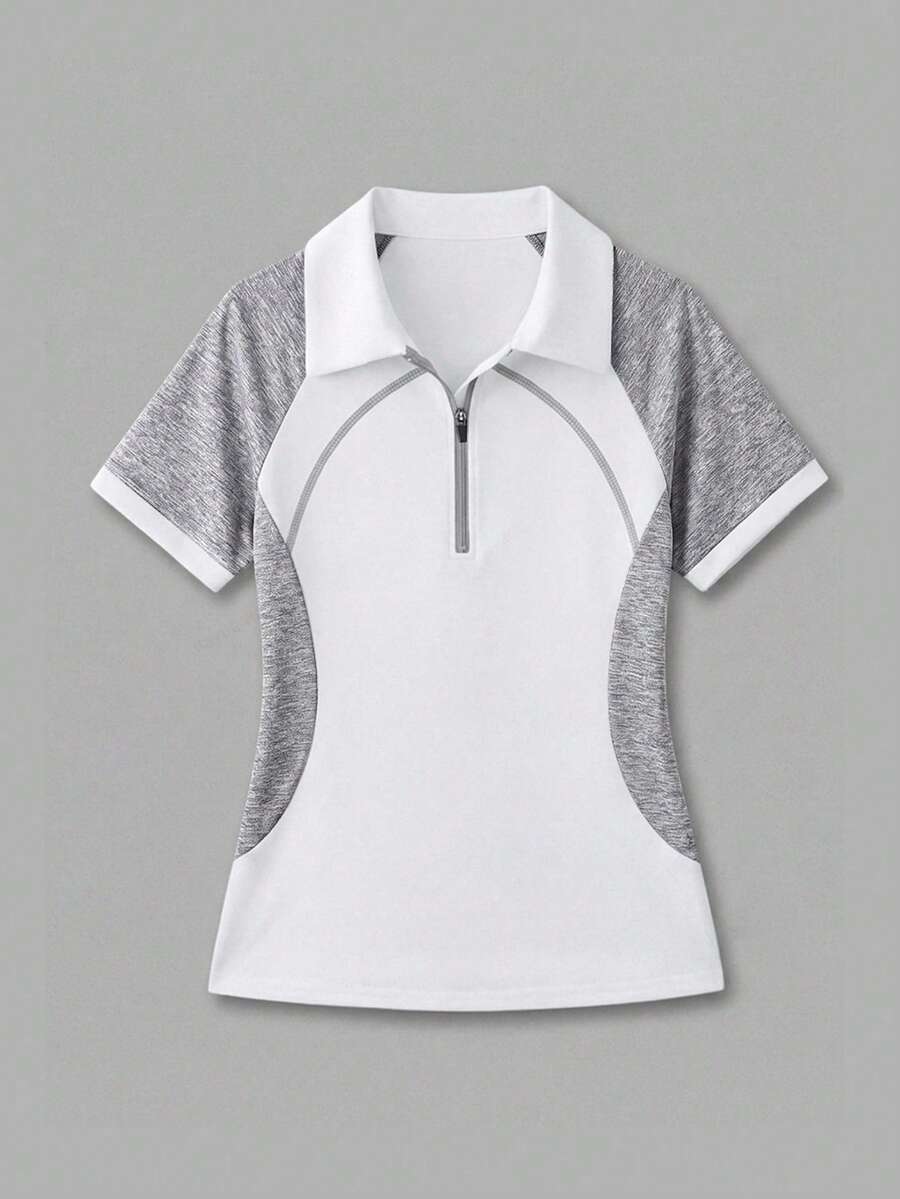 CourtClass CourtClass 女款拼色拉鍊半開襟短袖運動 Polo 衫,高爾夫健身白色夏季運動休閒風 - 彩色 - 查看 1