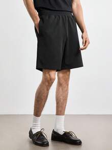 Merionis Men's Solid Color Elastic Waist Pocket Casual Shorts - Black - View 3