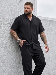 DRIVNCORE Plus Size Men's Shirt Set,Black,Summer,Casual,Vacation Bubble Crinkle Fabric Mandarin Collar Shirt&Drawstring Matching Pants Set,Formal Wedding Guest - Black - View 3