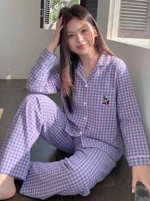 Dazy Plus Plaid Loose Pajama Set, Sleepwear, Loungewear, All Season - Purple - View 3