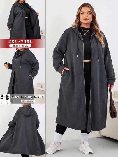 SHEIN CURVE+ Plus Size Women Long Hooded Coat, Suitable For Autumn/Winter Fall, CURVE PLUS Going Out Vacation Club Grey Casual Baggy Smart