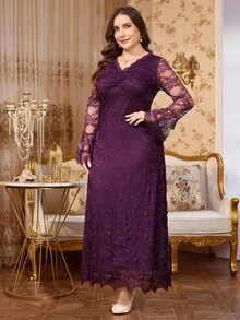 Reflora Plus Size Elegant Party Formal Evening Solid Color Lace Dress Autumn Wedding Purple Fall - Purple - View 3
