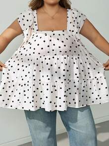 SHEIN CURVE+ Plus Size French Polka Dot Print Square Neck Ruffle Hem Blouse Vacation, Fall Winter 2026 22W - Black - View 3