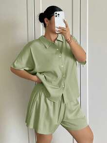 Dazy Plus Solid Color Casual Loose Pajama Top Short Sleeve Satin Fabric Elastic Waist Shorts Spring Summer Plus Size Women Blue Pajama Set - Mint Green - View 1