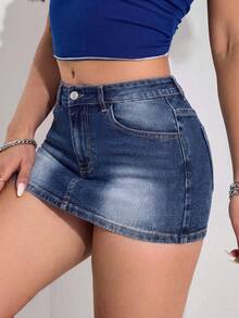 SHEIN PETITE 女款鈕扣拉鍊口袋牛仔裙 - 深色水洗藍 - 查看 3