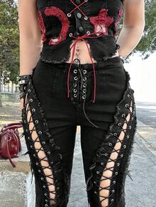 Grunge Punk ROMWE X Lorella Spring/Summer Black Y2K Baddie Hollow Eyelets Lace-Up Decor Ultra Low Rise Skinny Super Low Waist Flare Jeans - Black - View 2