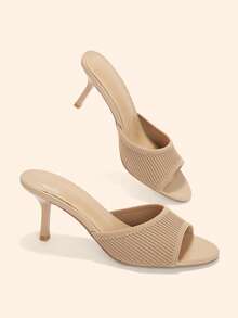 CUCCOO BASICS Chic Women's Knitted Open Toe Heeled Sandals In Nude Tone Slip On Stiletto Heels - Apricot stripes - View 3