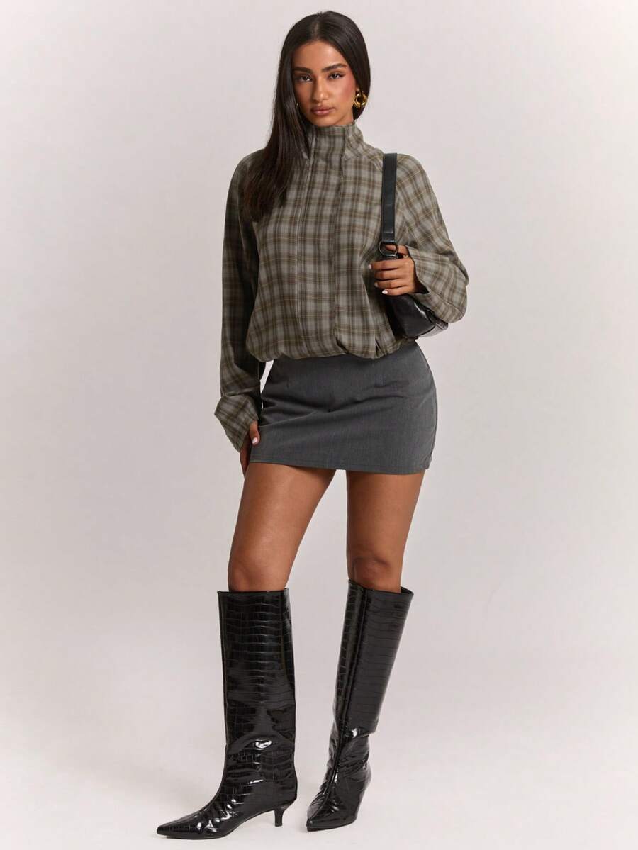 SHEIN BAE جاكيت كاجوال بنقشة مربعات للنساء، خريف - قهوة بني - مشاهدة 1