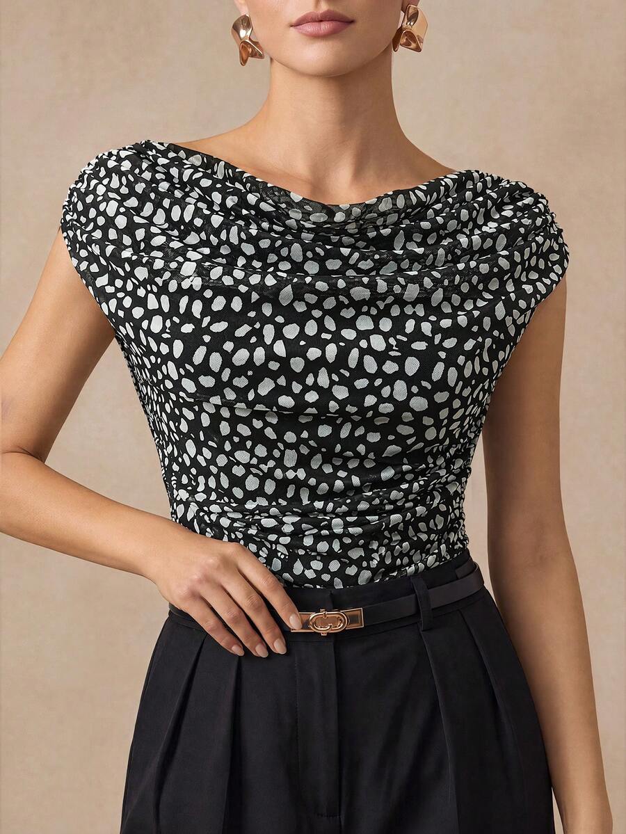 Almamuse Summer Black Polka Dot Print Drawstring Neck Sleeveless Blouse - Black - View 1