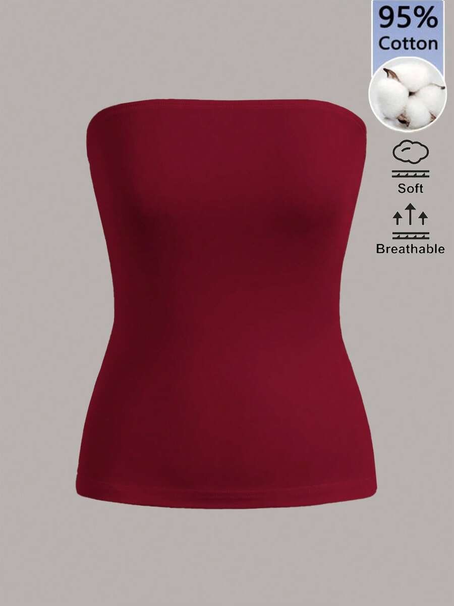 SHEIN BASICS Women's Solid Color Fitted Versatile Daily Wear Bandeau Top - Burgundy - View 1