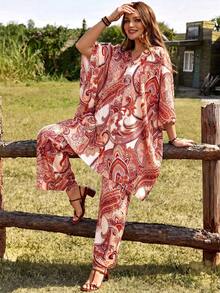 EMERY ROSE Plus Size Paisley Print Casual Vacation Top And Pants 2 Pieces Set Fall - Apricot - View 3